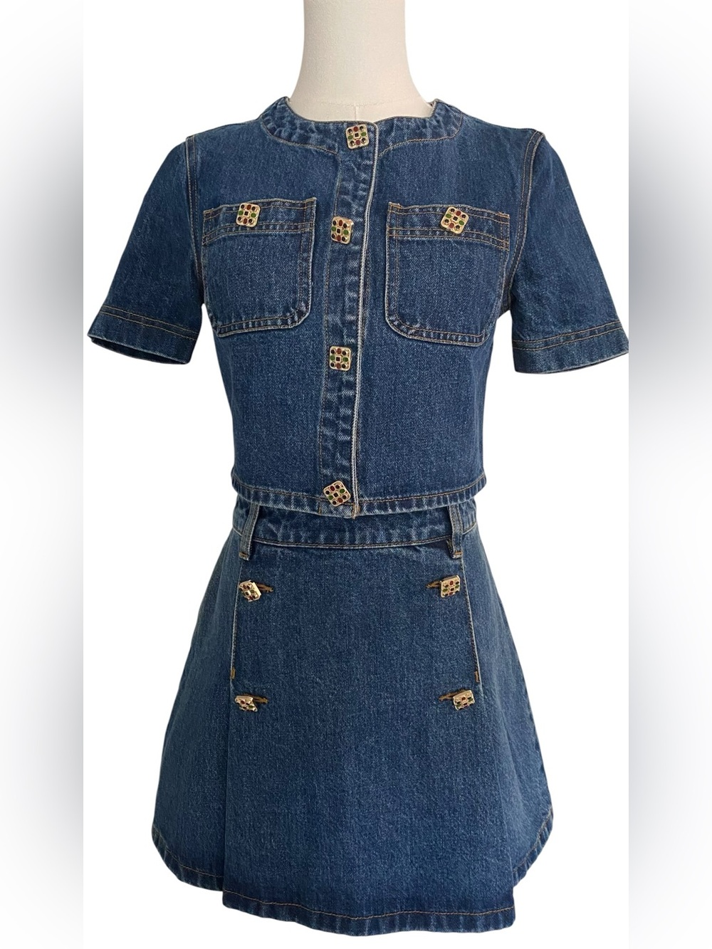 Self-Portrait Dark Blue Denim Short Sleeve Two-Piece Dress Set - Picture 2 of 13